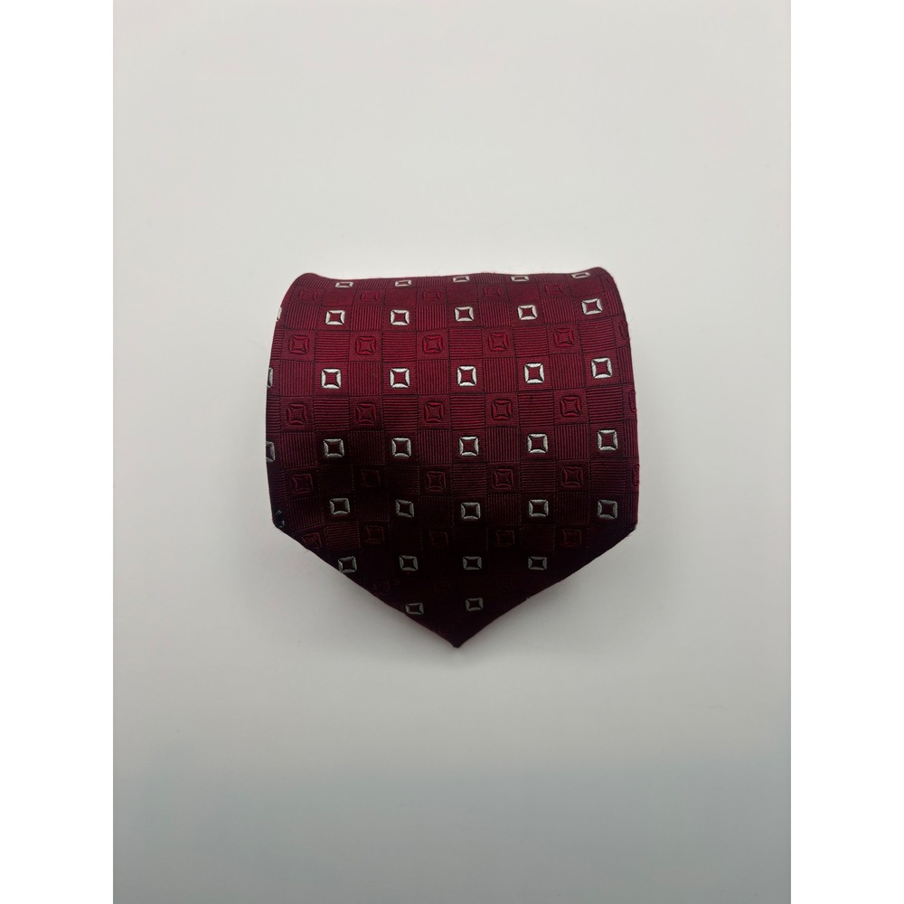 Pierre Cardin Mens Silk Tie Burgundy Red Geometric Square Pattern Handmade
